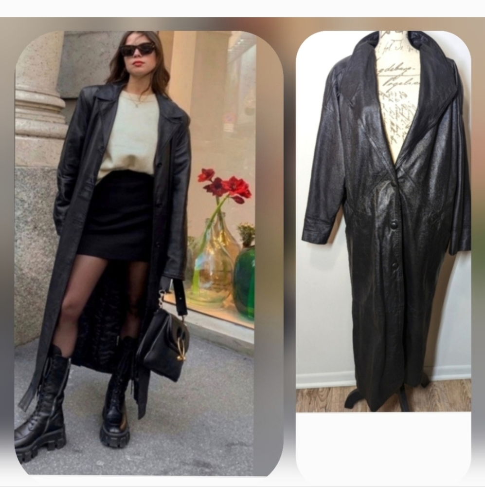 Vintage 90s Wilson's Leather Long Black Trench Coat Women's Size Large